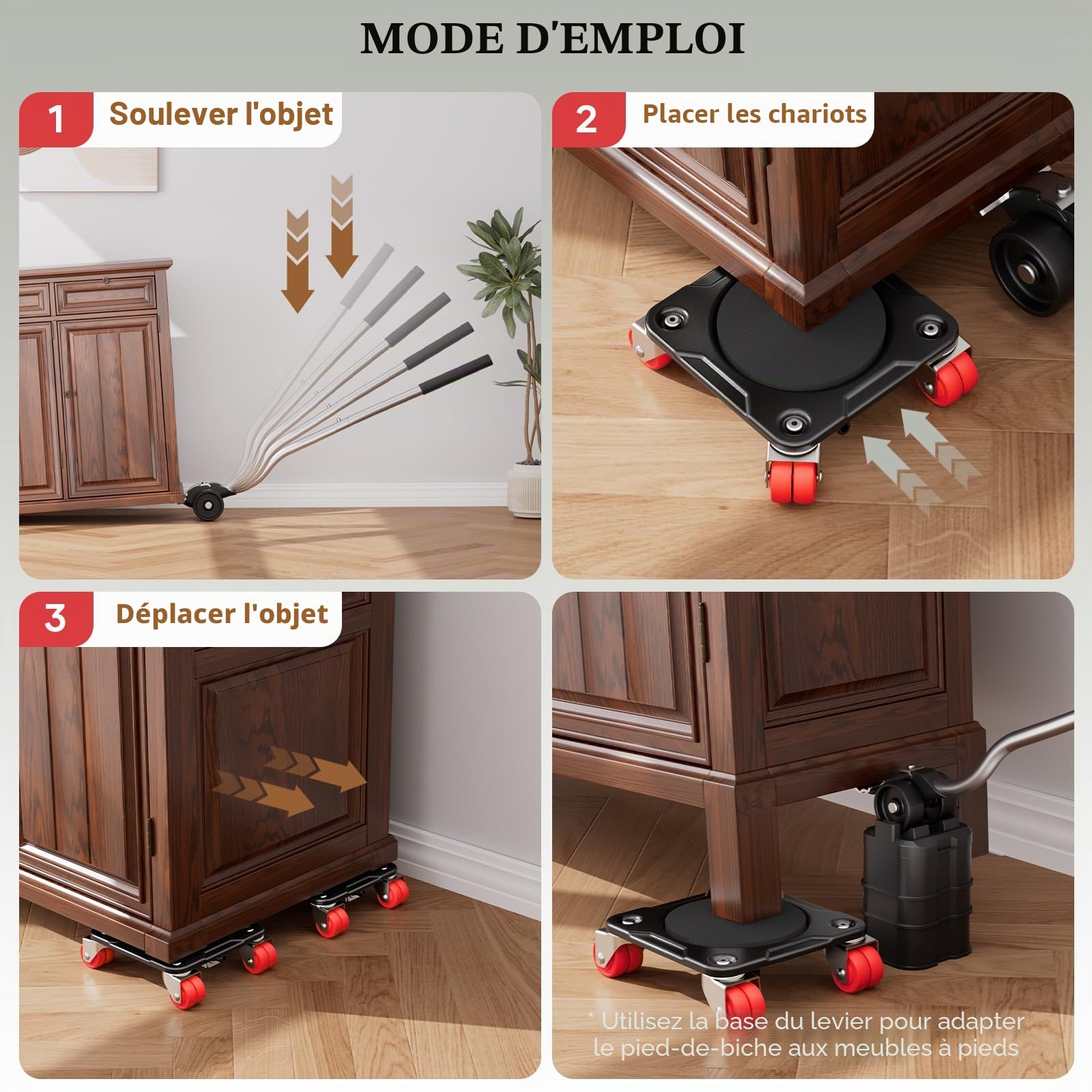 ONEON Kit déplace-meuble 8 doubles roues profil bas