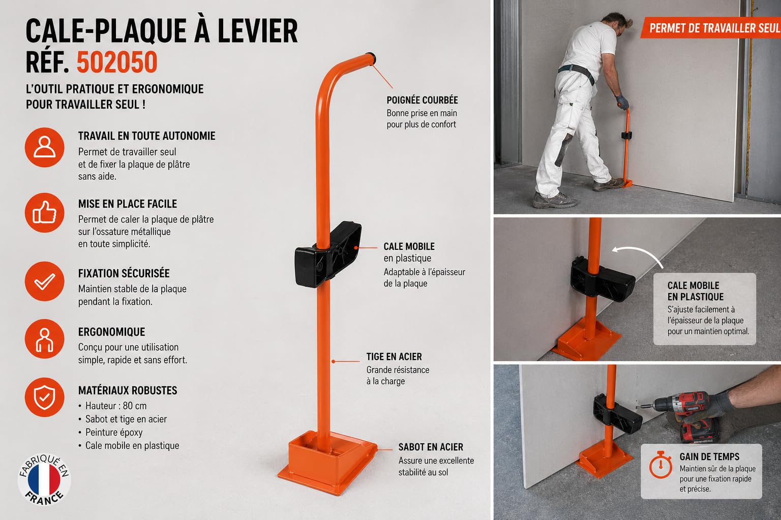 Mondelin cale plaque placo à pied acier 80 cm