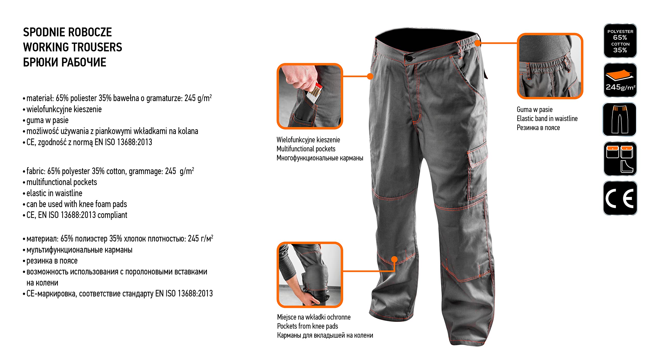 NEO TOOLS Cargo pantalon travail homme L coton ripstop