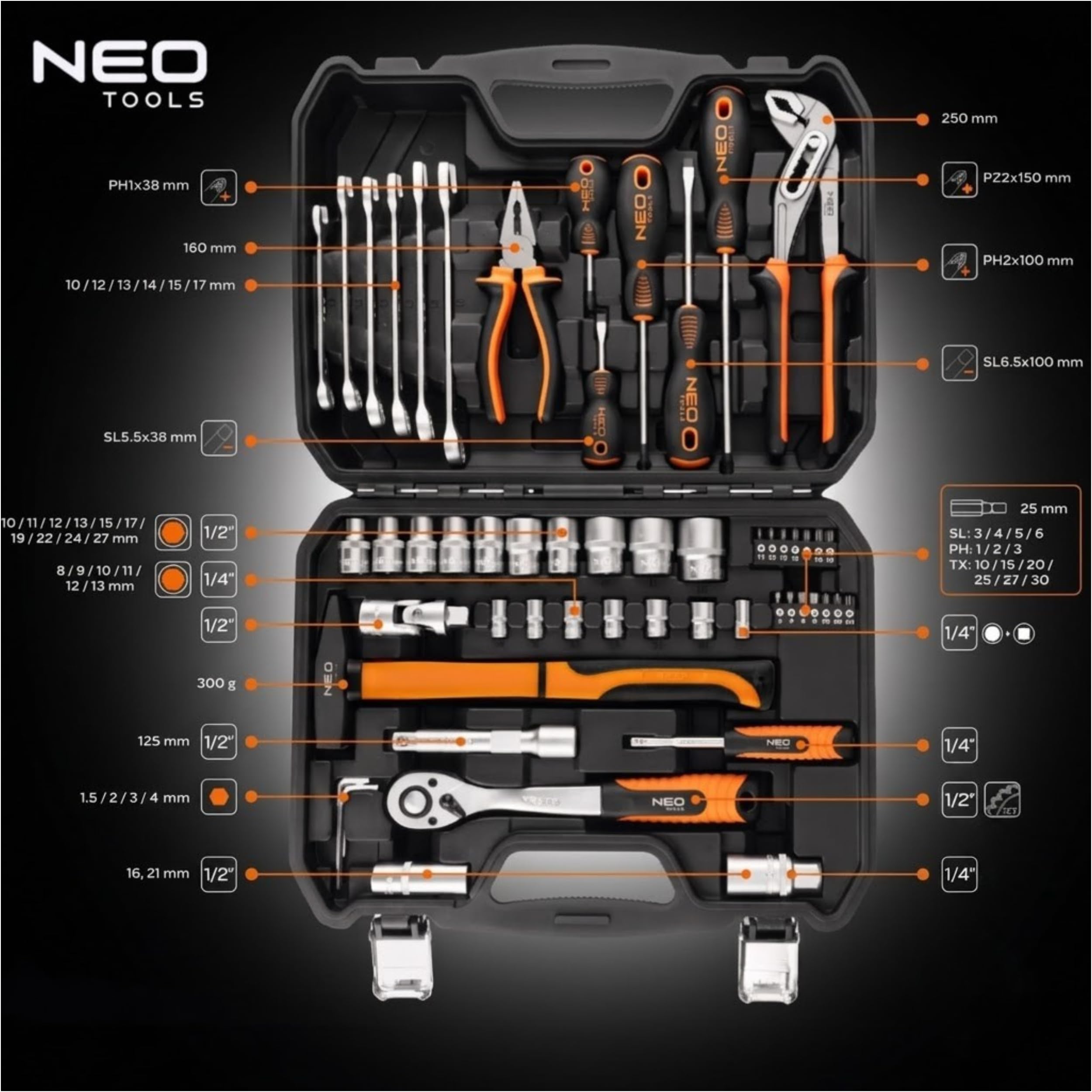 NEO Tools 08-684 mallette à outils 56 pièces complète