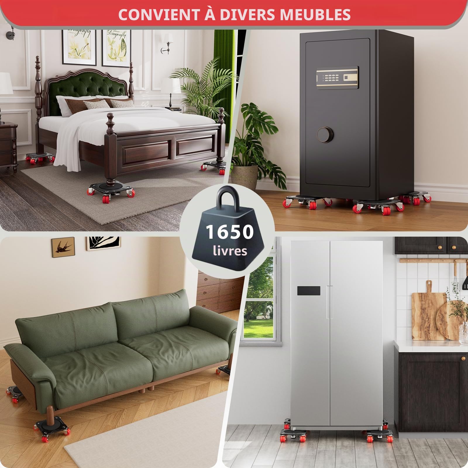ONEON Kit déplace-meuble 8 doubles roues profil bas