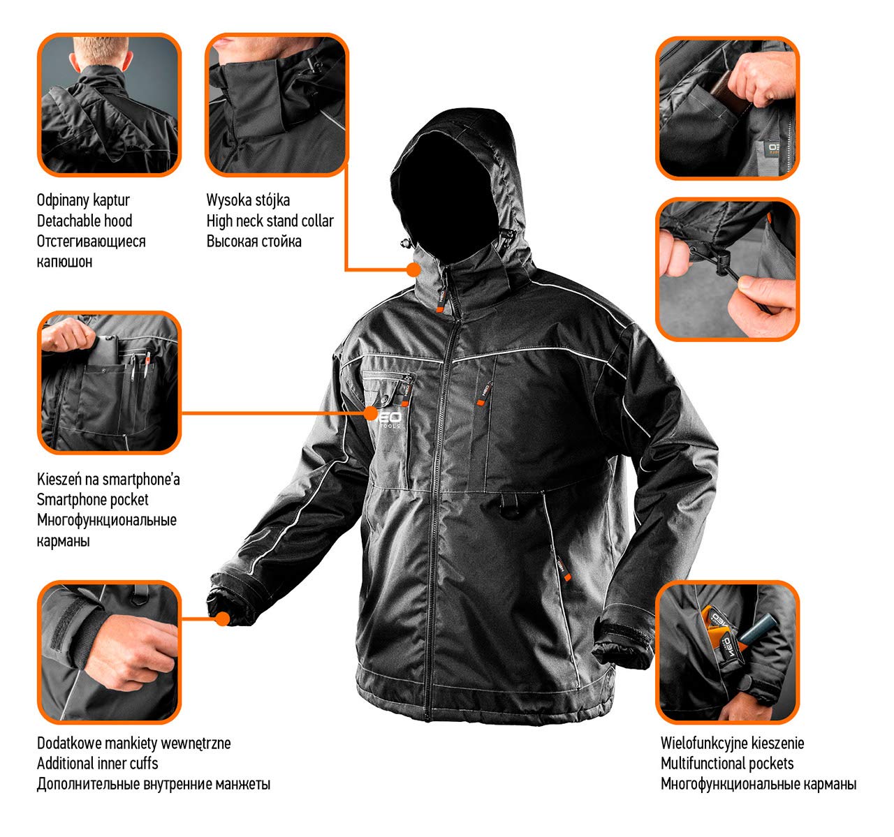 NEO TOOLS veste d'hiver travail noire doublée chaude