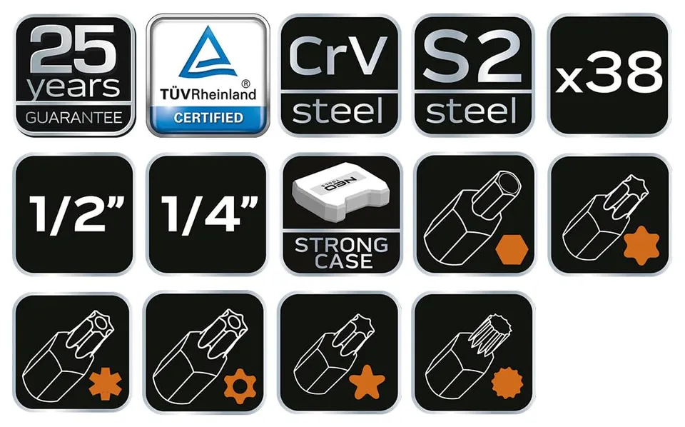 NEO TOOLS 08-710 coffret douilles embouts 38 pcs 1/2 1/4