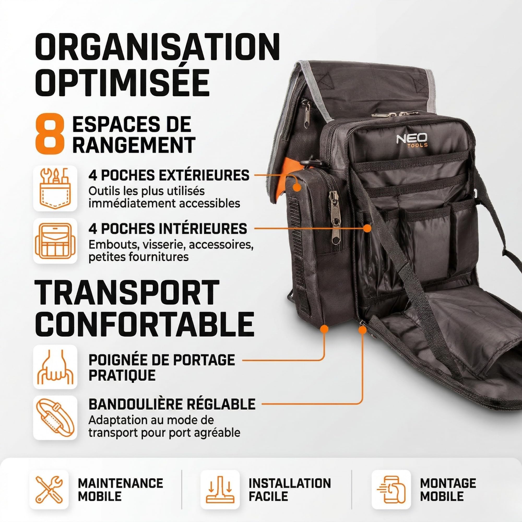 NEO TOOLS sac à outils monteur polyester 8 poches noir