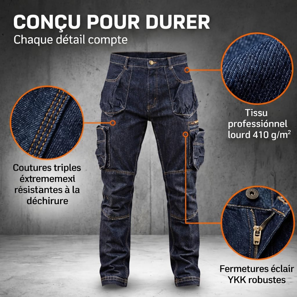 Neo Tools Pantalon Travail Denim XXL Cargo Renforcé
