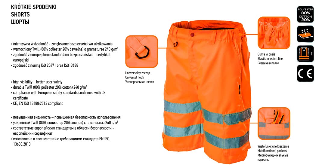 NEO TOOLS Short de Travail Orange L 245 g/m²