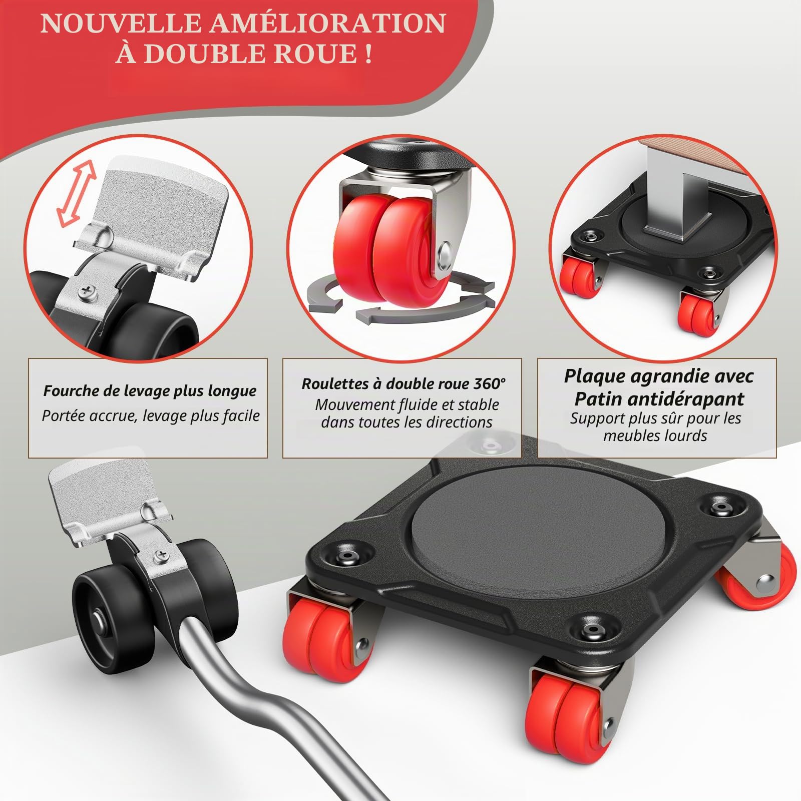 ONEON Kit déplace-meuble 8 doubles roues profil bas
