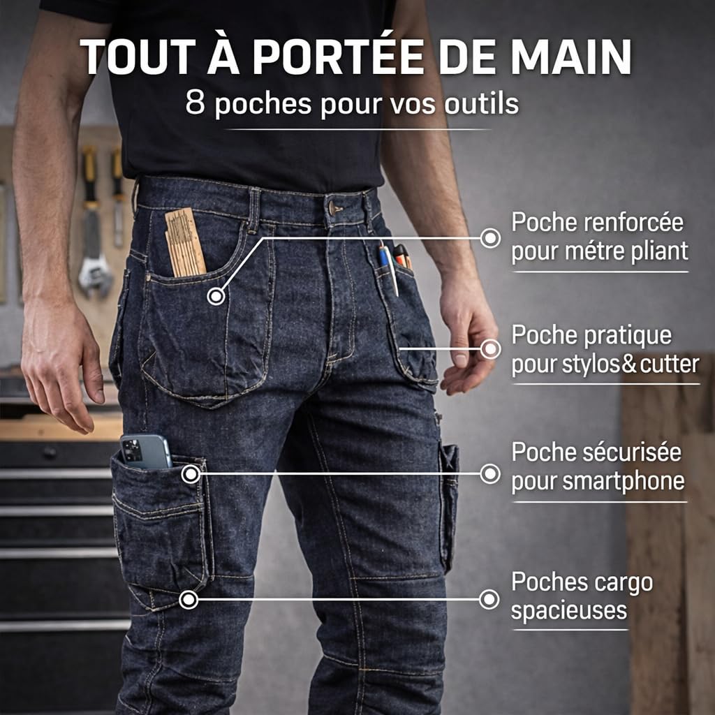 Neo Tools Pantalon Travail Denim XXL Cargo Renforcé