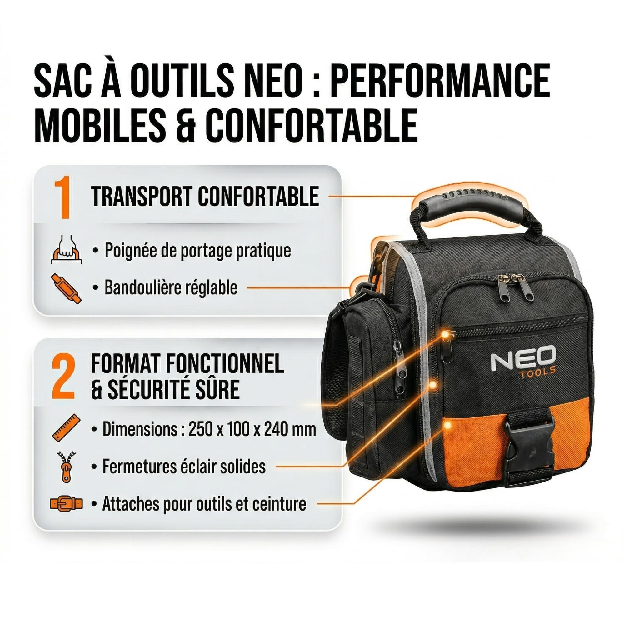 NEO TOOLS sac à outils monteur polyester 8 poches noir