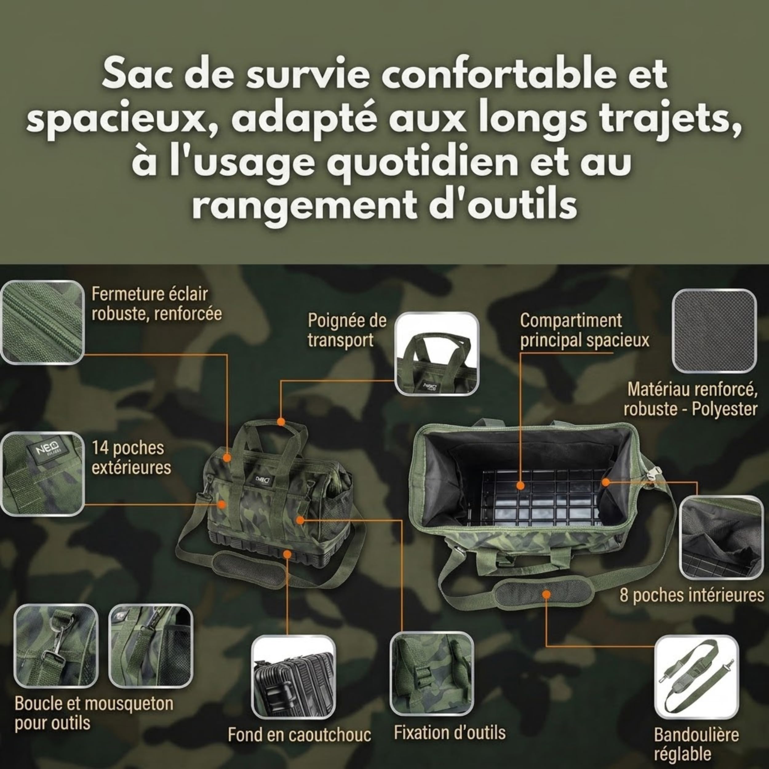 Neo Tools Camo sac à outils vide nylon 40 cm camouflage