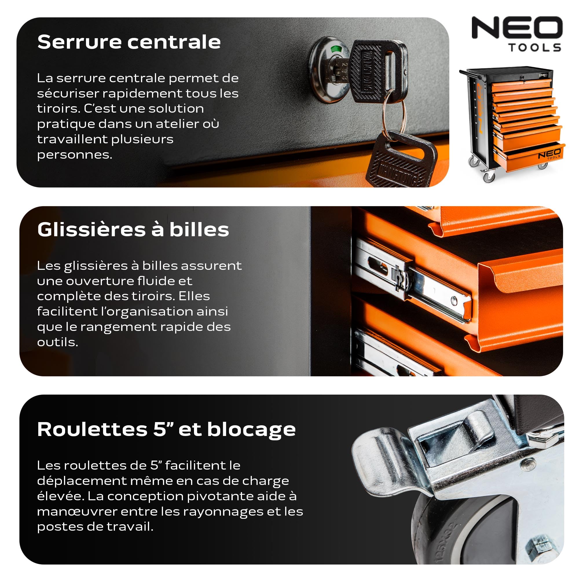 NEO TOOLS 84-222 servante atelier 7 tiroirs noir-orange