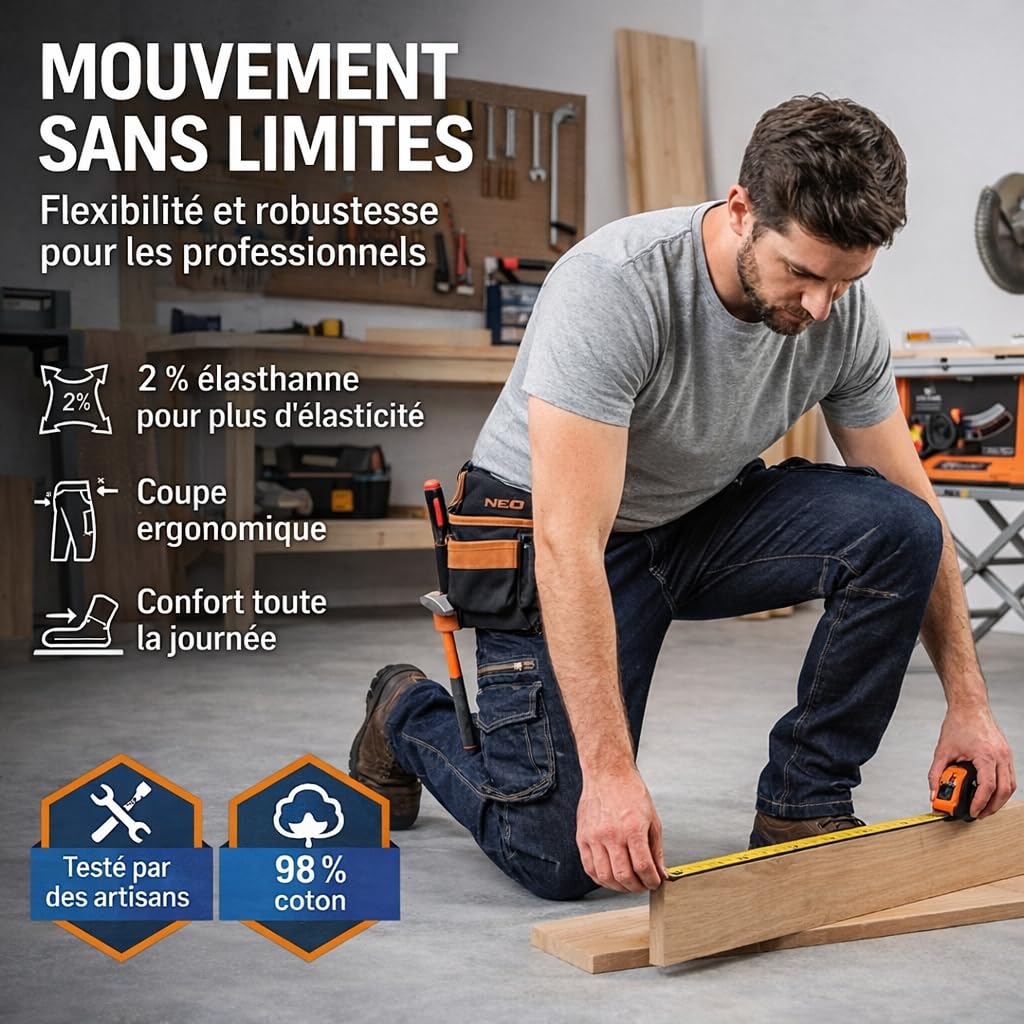 Neo Tools Pantalon Travail Denim XXL Cargo Renforcé
