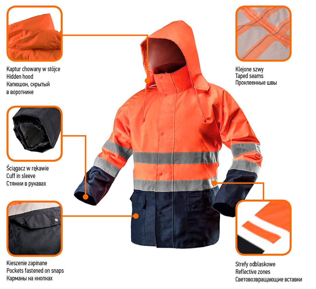 NEO TOOLS Veste haute visibilité orange fluo pluie ISO 20471