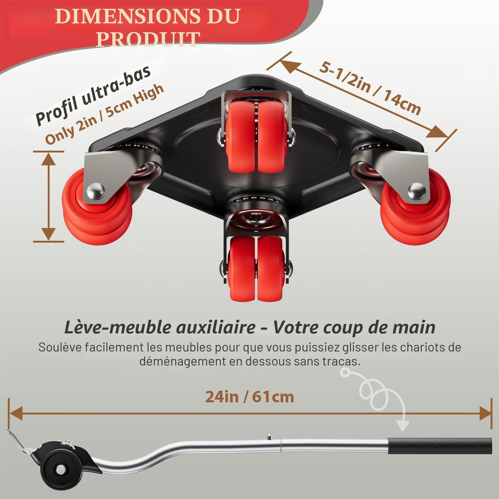 ONEON Kit déplace-meuble 8 doubles roues profil bas