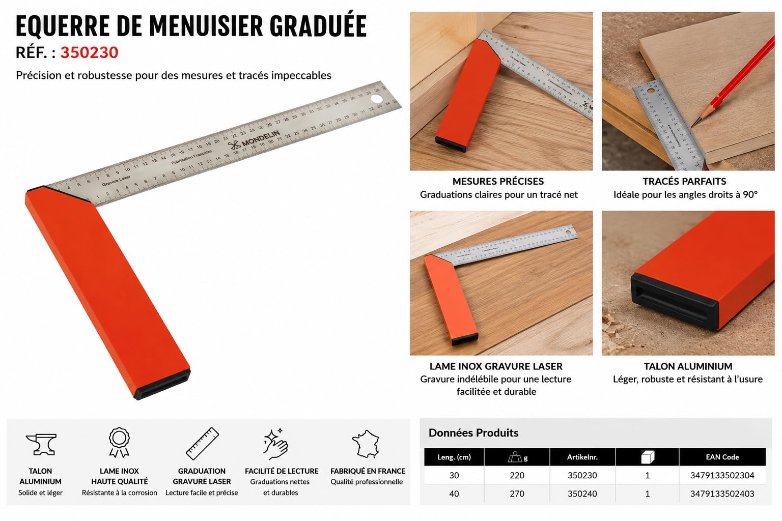 Mondelin équerre de menuisier graduée traçage atelier