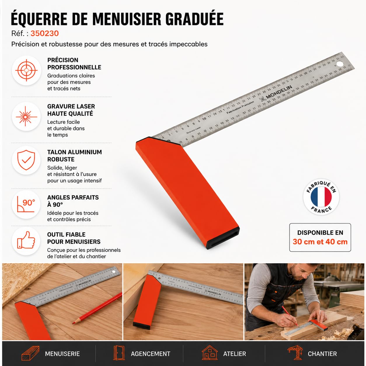 Mondelin équerre de menuisier graduée traçage atelier