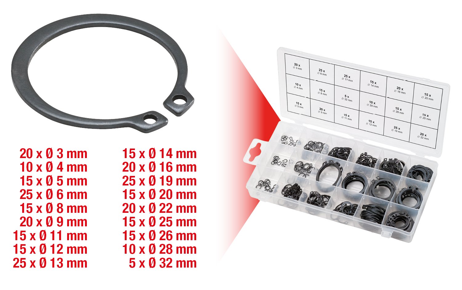 KS Tools 970.0100 assortiment circlips externes 300 pièces 3-32 mm