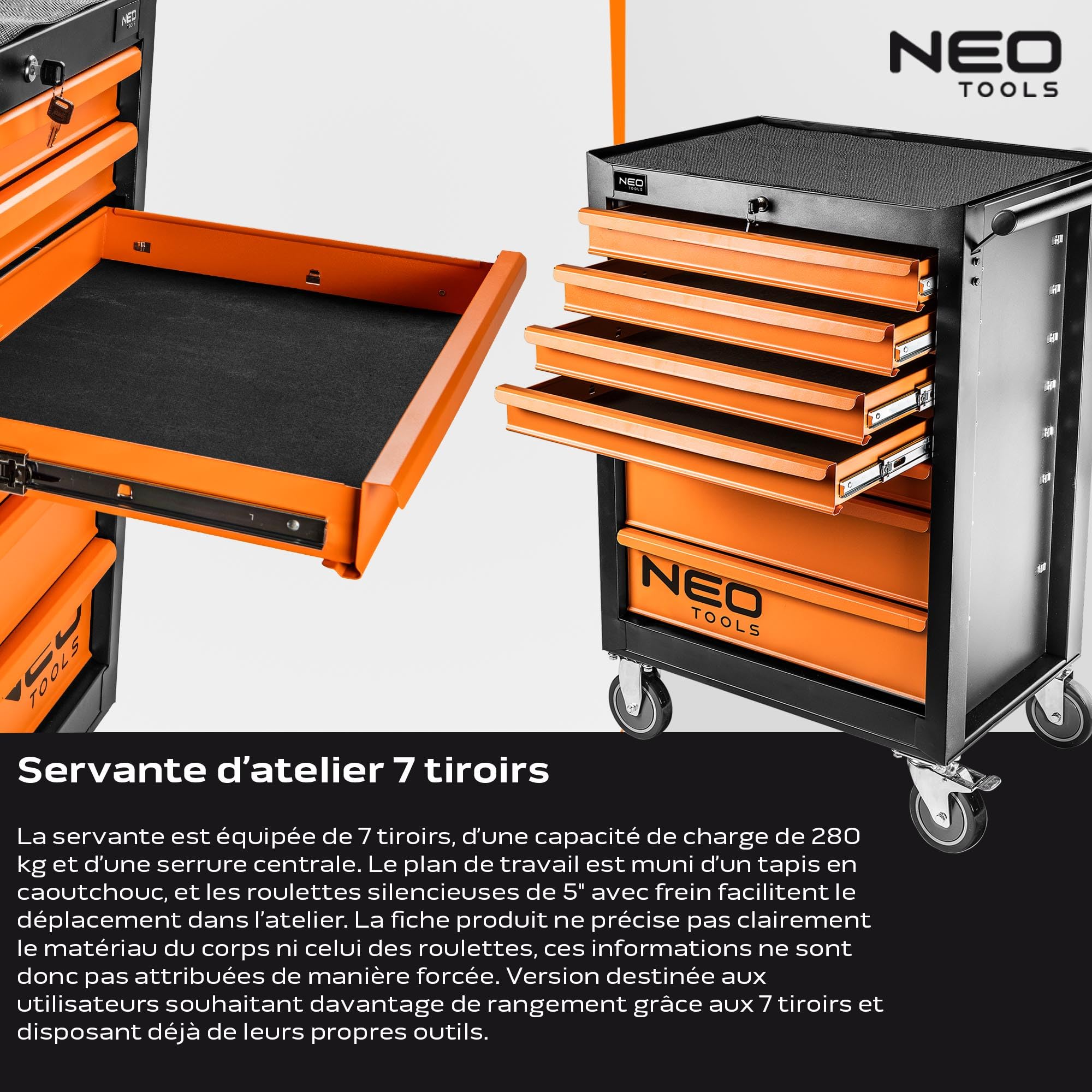 NEO TOOLS 84-222 servante atelier 7 tiroirs noir-orange