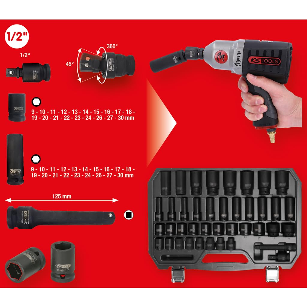 KS Tools 515.0065 Coffret douilles à choc 1/2" 40 pièces 9-30 mm