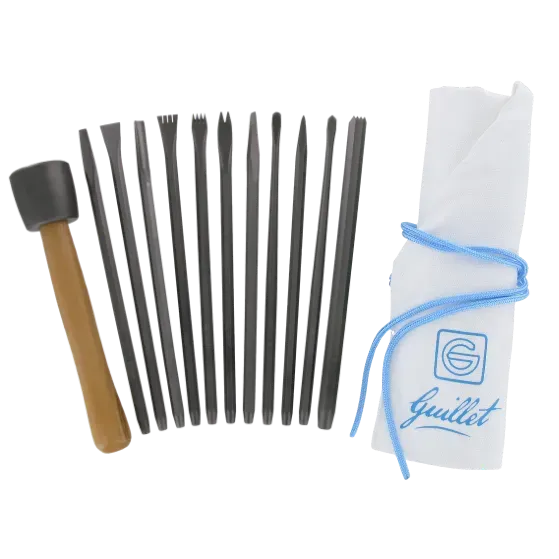 Guillet Trousse 11 outils forgés + 1 massette sculpture pierre tendre