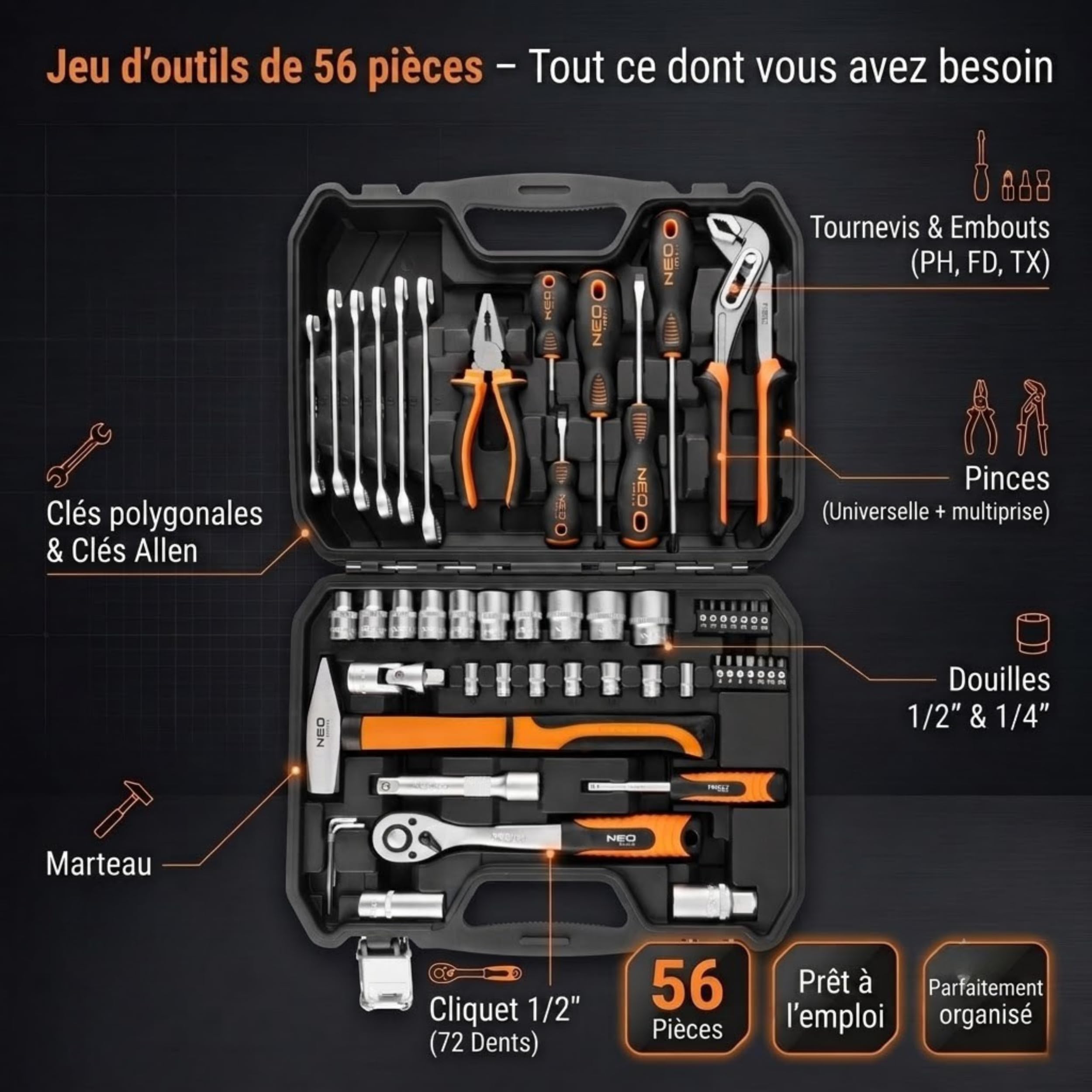 NEO Tools 08-684 mallette à outils 56 pièces complète