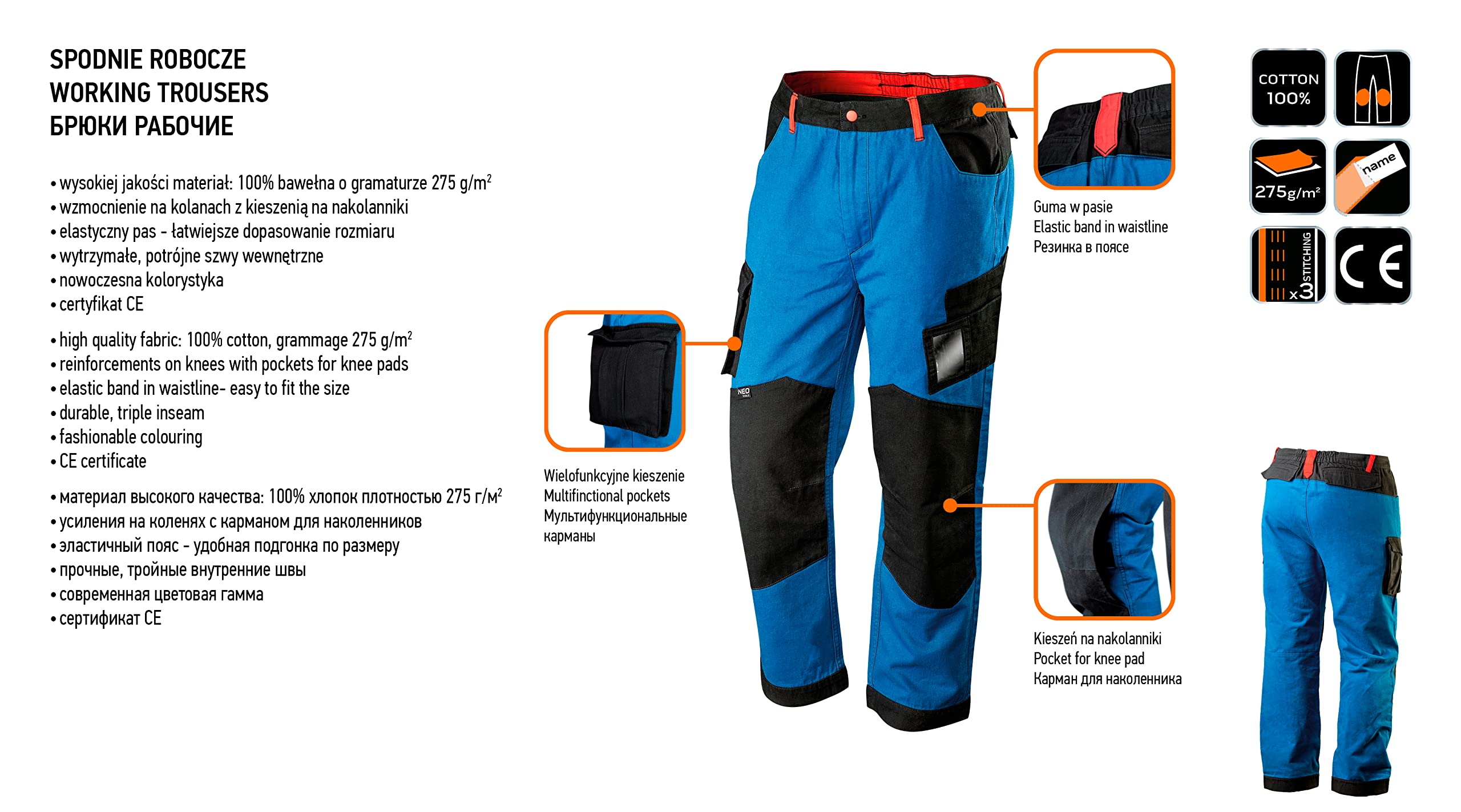 NEO Tools HD+ pantalon travail coton 275 g/m² taille L