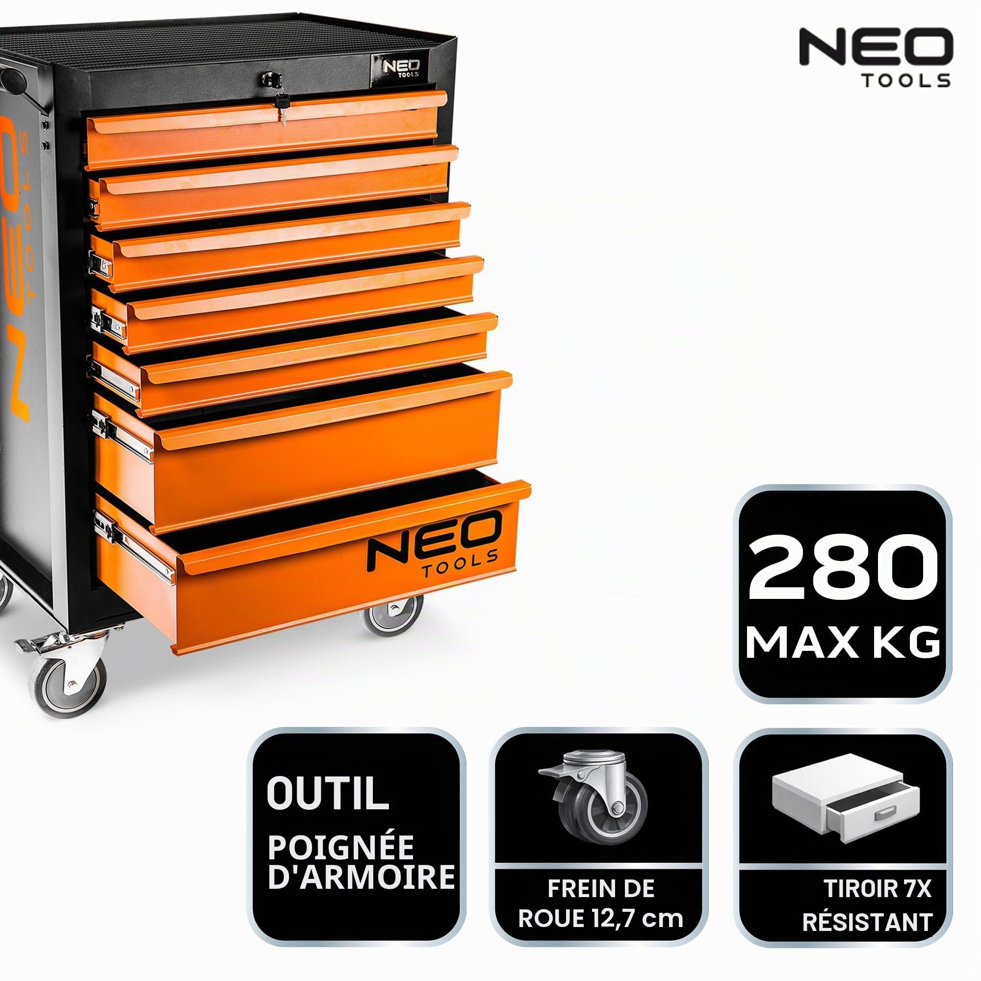 NEO TOOLS 84-222 servante atelier 7 tiroirs noir-orange