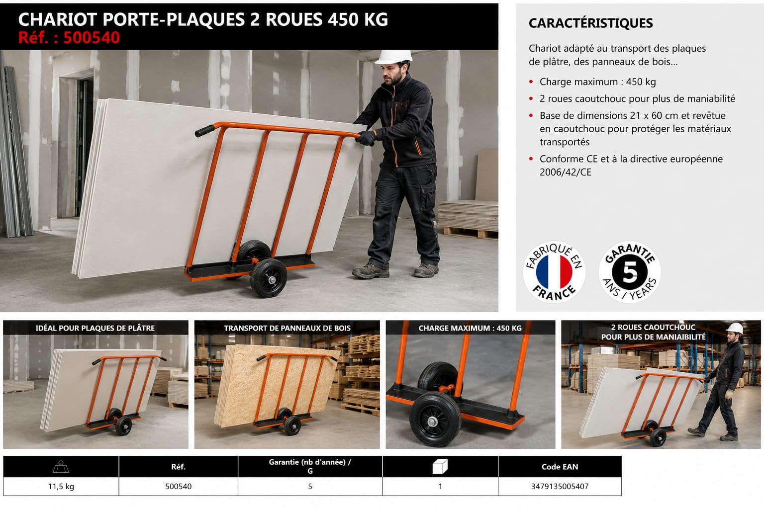 Mondelin Porte-Plaques 2 Roues Chariot 450 kg Caoutchouc