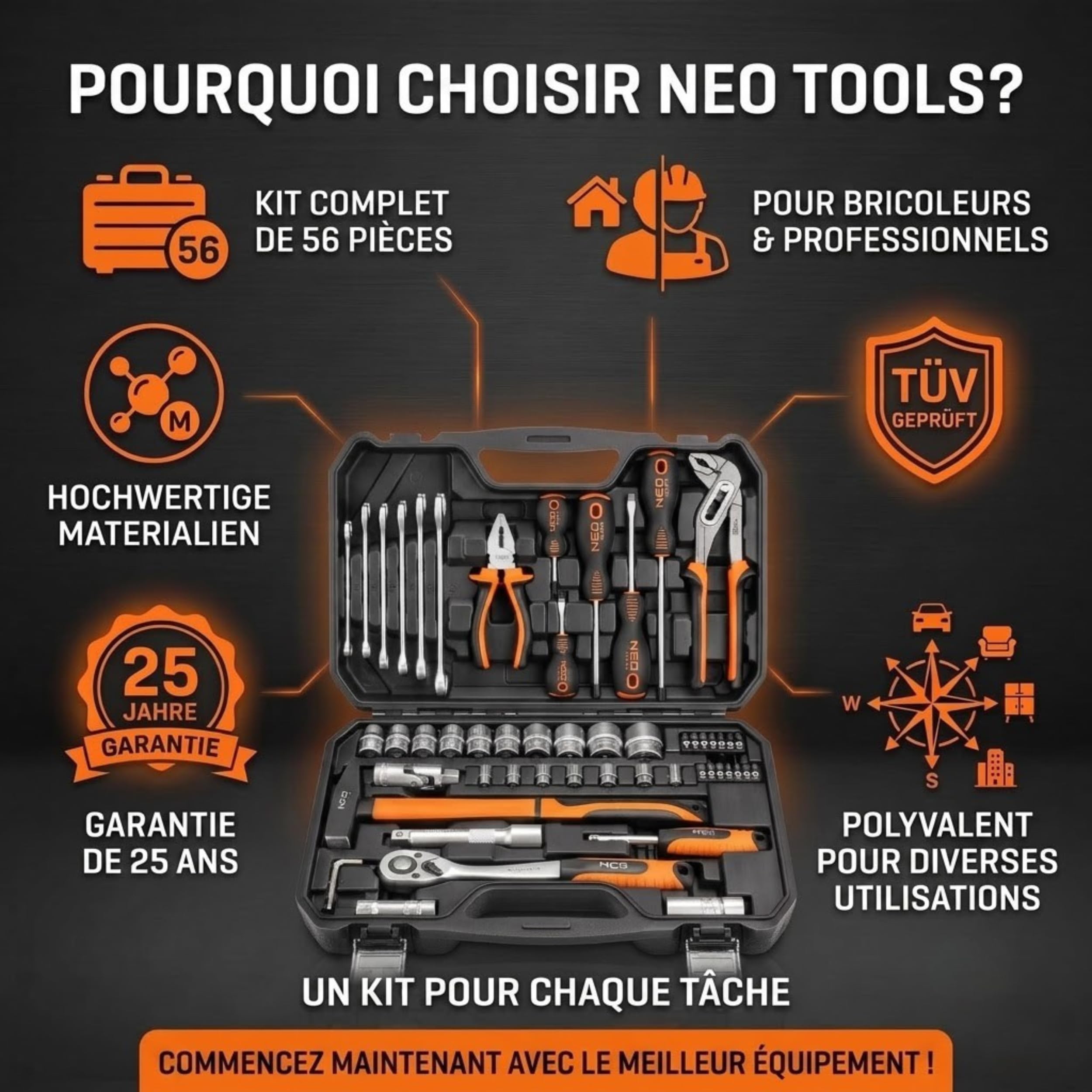 NEO Tools 08-684 mallette à outils 56 pièces complète
